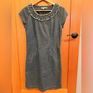 Boden Denim Cap-Sleeve Shift Dress with Ruffle Neckline